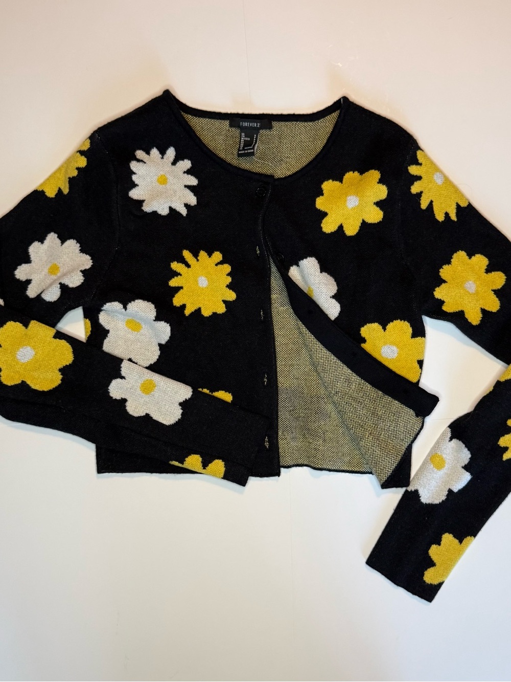 Forever 21 Black Cardigan with Yellow & White Daisy Print